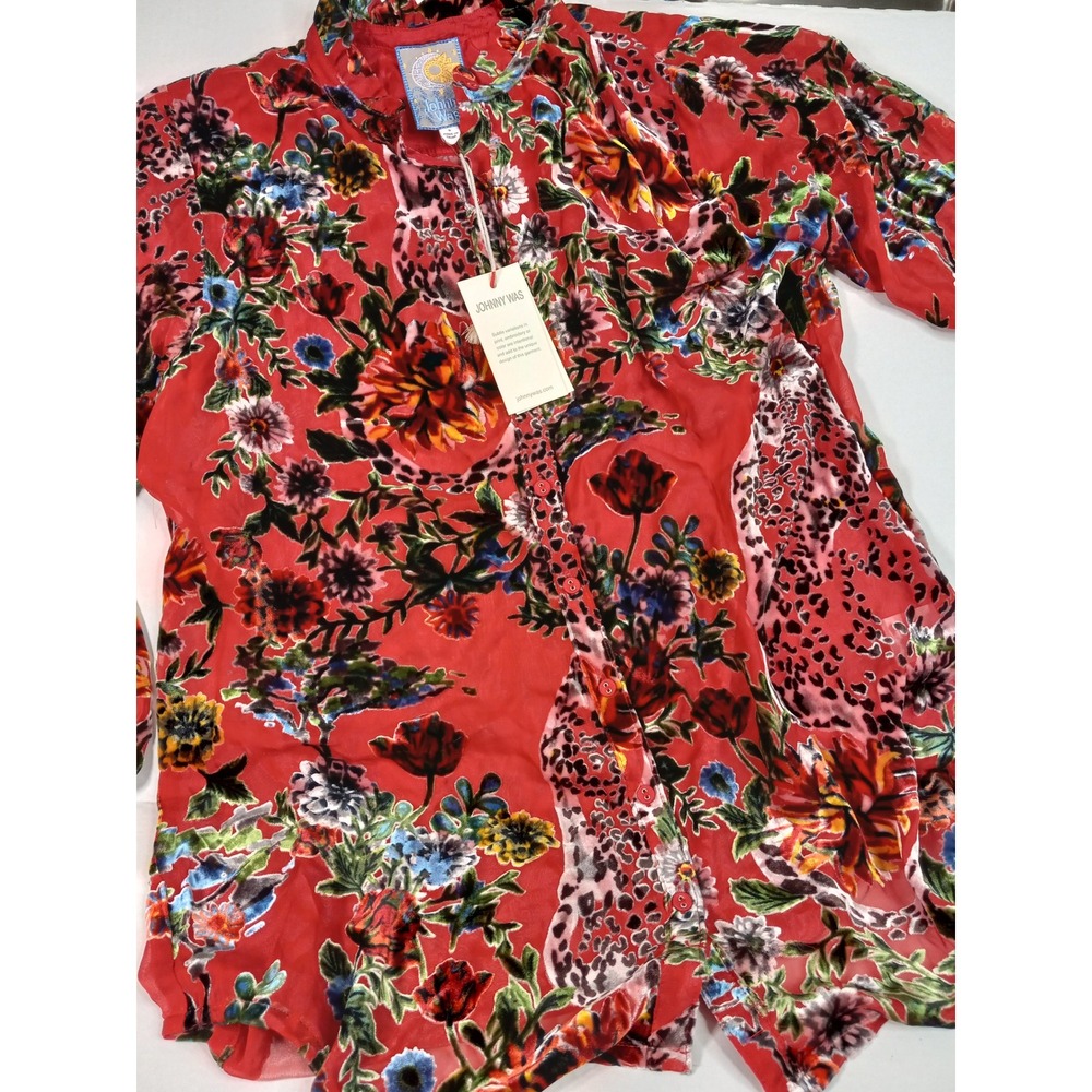 NWT Johnny Was Yoella Burnout‎ Tunic Red Floral Leopard Silk Blouse S